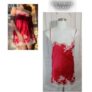 Victoria's Secret Red Satin & Lace Slip Dress Lingerie Chemise Nightgown Sz M